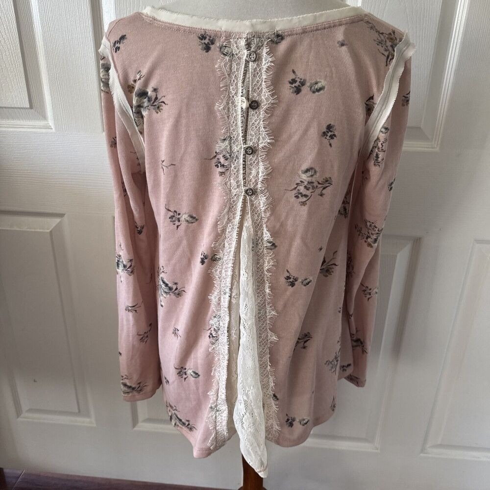 Pink Floral Lace Back Knit Top Womens L Romantic Coquette Cottagecore Rewind